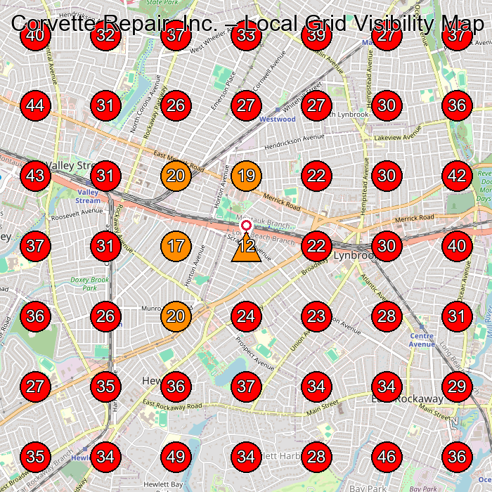 Corvette Repair, Inc. GeoGrid visibility map for Auto Body Shop in Baldwin